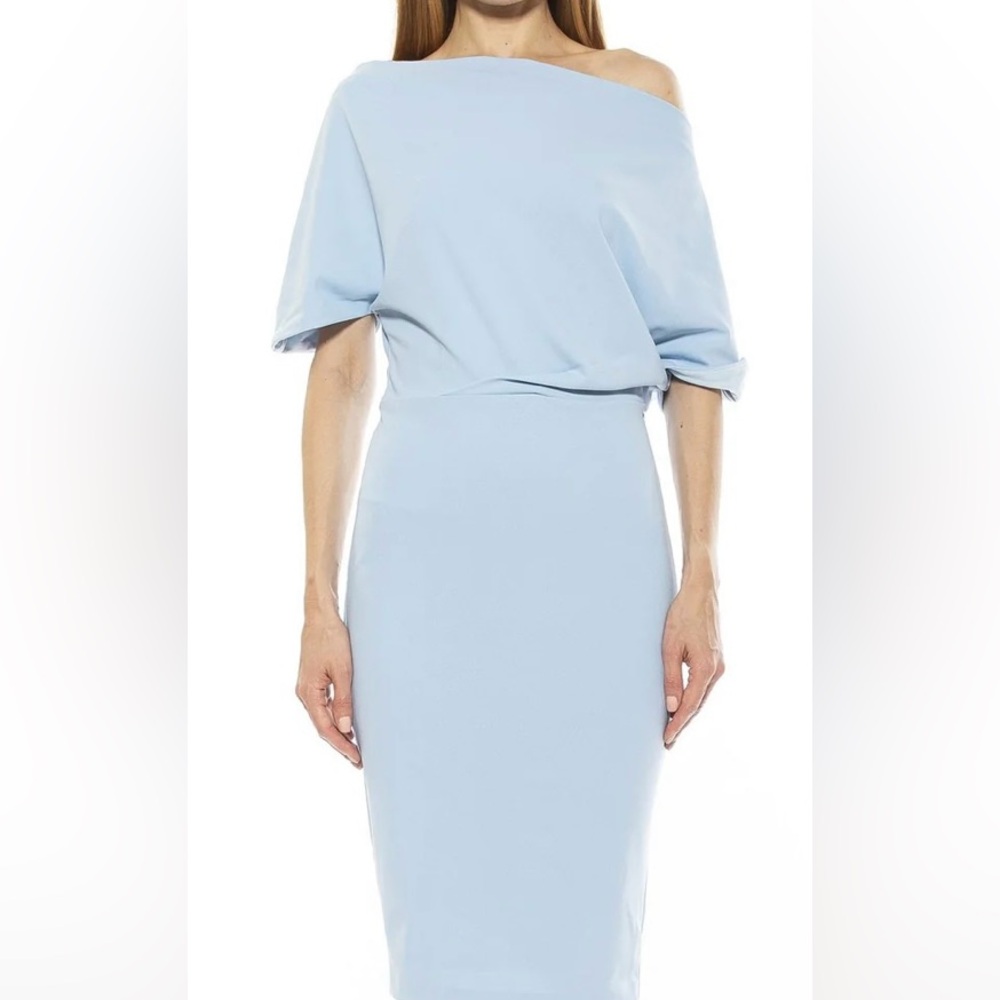 Alexis Admor Olivia, Gorgeous sky blue drape off shoulder sheath dress. New